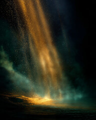 Celestial Sands:  An ethereal scene unfolds as golden particles cascade from an unknown source, illuminating a mystical and enchanting dreamscape with its shimmering luminescence. 