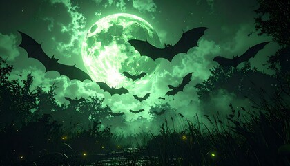 Spooky Flock of Black Bats Silhouetted Against a Neon Green Dusk Sky