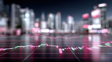 Futuristic Stock Chart Overlaying Urban Cityscape at Night with Pink and Green Candlestick Graph