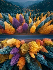 Aerial photography of forest highway in autumn