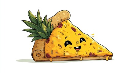 Cartoon pizza slice with pineapple and happy face
