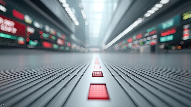 Futuristic Stock Market Corridor with Red Ticker Display and Blurred Electronic Boards in Background