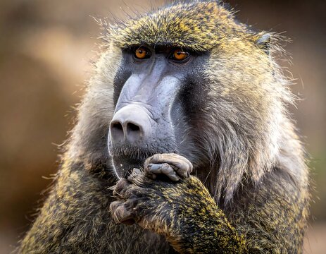 Close-up portrait of a baboon, hands clasped, intense gaze - Powered by Adobe