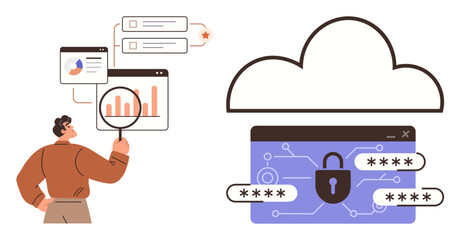 Man using magnifying glass to view data charts, cloud icon with padlock and passwords. Ideal for data analysis, cybersecurity, cloud services, technology, online safety, data protection, business