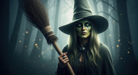 A young woman in a witch costume with a broom in her hands against the background of a magical forest