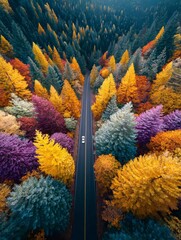 Aerial photography of forest highway in autumn