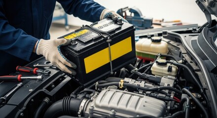 Mechanic Replacing Car Battery in Engine Bay with Tools Nearby
