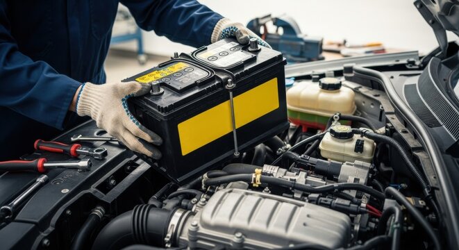 Mechanic Replacing Car Battery in Engine Bay with Tools Nearby