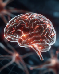 Obraz premium Mind's Inner Workings: A close-up, artistic rendering of the human brain, illuminated by glowing neural pathways, representing thought processes and cognitive functions.