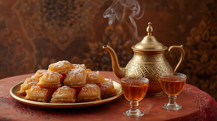 Baklava alongside a brass teapot and small Moroccan tea glasses filled with mint tea, placed on a terracotta table with patterned tablecloth.