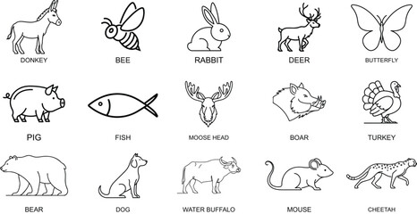 Fototapeta premium Set of Animal Line Icons Donkey Bee Rabbit Deer Butterfly Pig Fish Moose Boar Turkey Bear Dog Buffalo Mouse and Cheetah Vector Illustration for Prints Web