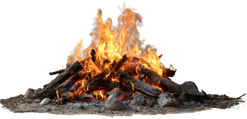 Burning campfire on a bed of stones