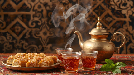 Baklava alongside a brass teapot and small Moroccan tea glasses filled with mint tea, placed on a terracotta table with patterned tablecloth.