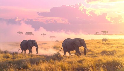 Fototapeta premium Surreal Elephant Migration Across a Golden Savannah with Floating Islands