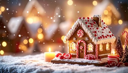 Festive Gingerbread House Decorated with Icing on a Snowy Table
