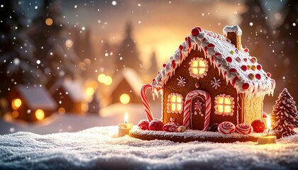 Festive Gingerbread House Decorated with Icing on a Snowy Table