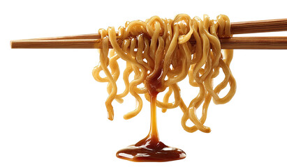 Noodles held by chopsticks, dripping sauce