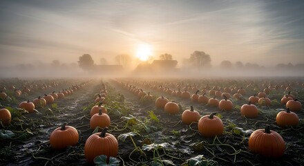 Pumpkin field sunrise foggy morning