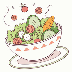Illustration of a bowl of fresh salad with tomatoes and cucumbers