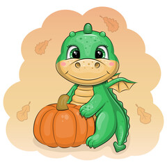 A cute cartoon Green Dragon with pumpkin. Vector illustration of animal with vegetable and orange background with autumn leaves.