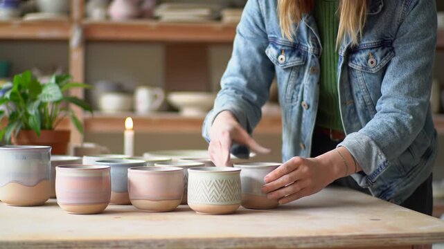Young caucasian woman in a beanie places a patterned ceramic mug on a wooden table, joining pastel cups in a bright pottery studio, soft natural light, quiet craftsmanship concept