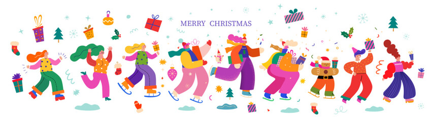 Christmas banner. Happy people come with gifts. Holiday Merry Christmas and Happy New Year illustration