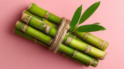 A bundle of fresh green sugarcane stalks tied with natural twine lies diagonally on a vibrant pink surface, adorned with lush green leaves for a natural look.