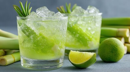 Two refreshing sugarcane juice cocktails with ice and lime garnish sit beside sugarcane stalks and limes on a gray surface, ready for a tropical summer refreshment.