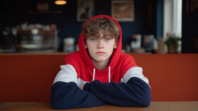 A candid portrait of a young boy with curly hair, sitting in a caf&eacute;. He wears a red, white, and blue hoodie and looks seriously at the camera with his arms crossed, conveying a sullen mood