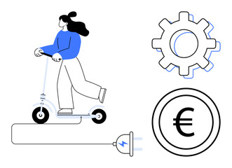 Fototapeta premium Woman riding electric scooter with charging plug, gear symbol, and Euro coin. Ideal for mobility, sustainability, technology, energy efficiency, modern economy, transport eco-conscious living