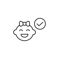 Smiling baby girl and checkmark. Children products safety and healthcare. Approved for babies. Pixel perfect, editable stroke vector icon