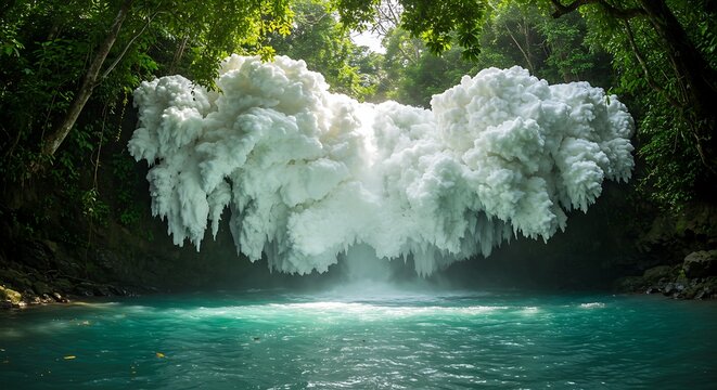 Frozen waterfall cascading into turquoise pool