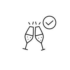 Toasting with champagne and checkmark. Quality drinks, approved alcohol. Celebration and party catering. Pixel perfect, editable stroke vector icon