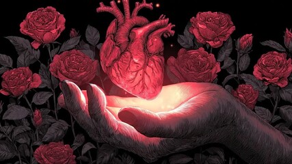 Illustration of anatomical heart held in hand amidst roses on black backdrop, glowing