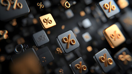 Golden and black 3D percentage symbols abstract background
