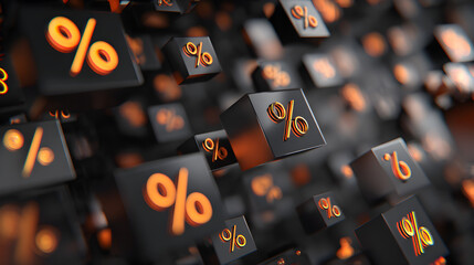 Black and orange 3D percentage cubes floating abstract background
