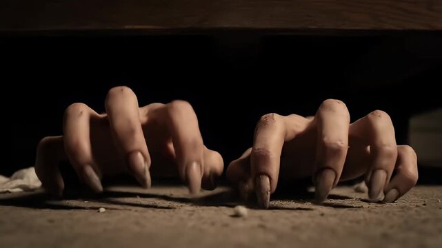 Monster with Long Claws Creeping Out from Under a Bed in the Dark