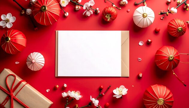 Festive red background with paper ornaments and gift