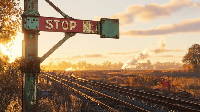Antique railway semaphore signal showing stop position with peeling paint and rust standing by railway tracks during golden sunset with distant steam train