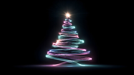 Neon spiral Christmas tree glowing with colorful light trails
