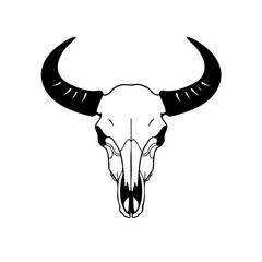 Line Art Black and White Buffalo Skull with Horns Illustration