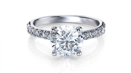 A solitaire diamond engagement ring with a pave diamond band, set in platinum or white gold, reflecting on a white background.  The central diamond is brilliant-cut and sizable