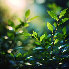 environmental. Blurred green foliage with sunlight bokeh, creating a serene nature background with shallow focus. travel magazines.
