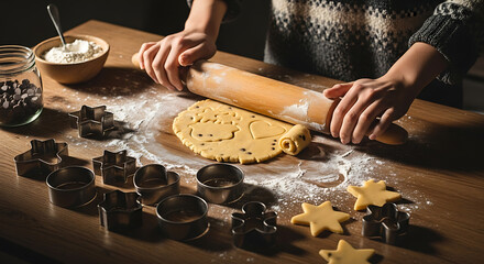 A person rolls out cookie dough on a floured wooden surface, with cookie cutters and ingredients nearby, preparing to bake Christmas cookies.