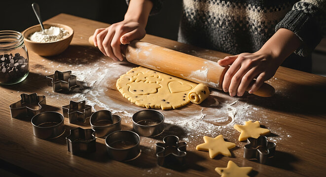A person rolls out cookie dough on a floured wooden surface, with cookie cutters and ingredients nearby, preparing to bake Christmas cookies. - Powered by Adobe
