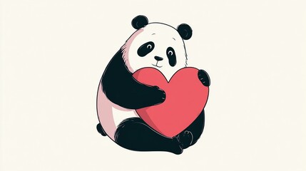 Adorable illustration of a panda bear hugging a large red heart, conveying love and affection