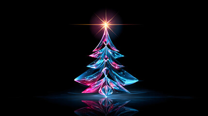 Crystal neon Christmas tree glowing in pink and blue light
