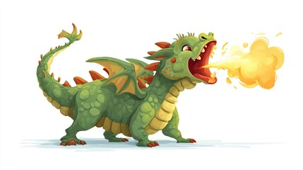 Cartoon dragon, green scales, wide open mouth, fiery breath
