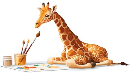 A young giraffe sits on a white background, intently observing paintbrushes and a palette of colorful paints spread on a sheet of paper