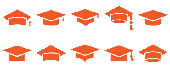 Graduation Cap Icon Set – Academic Hat and Diploma Symbols in Flat, Outline, and Glyph Styles 
